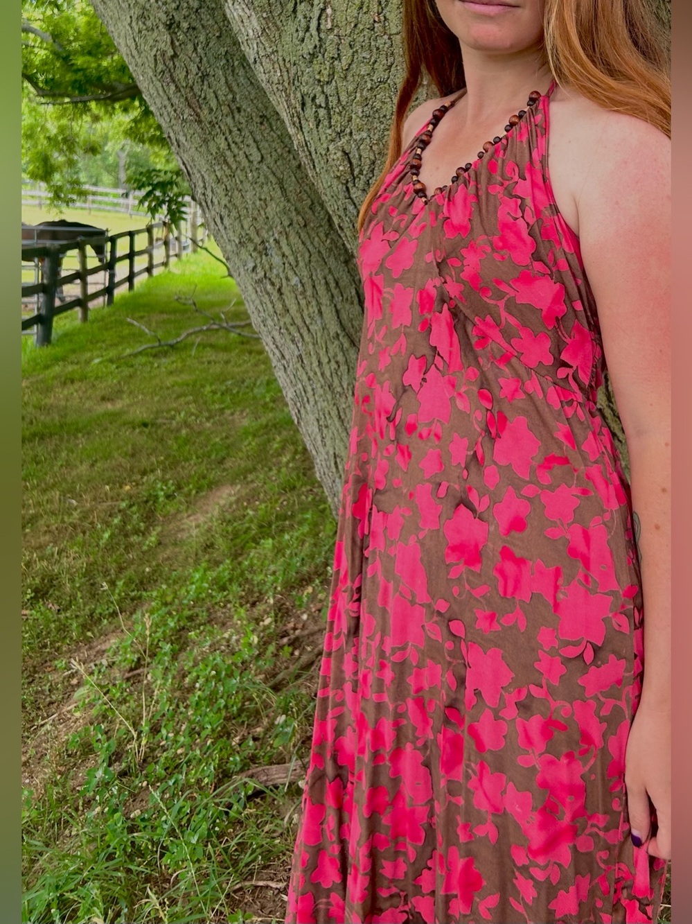 Vintage Santiki Boho Women's Pink Floral Halter Maxi Dress